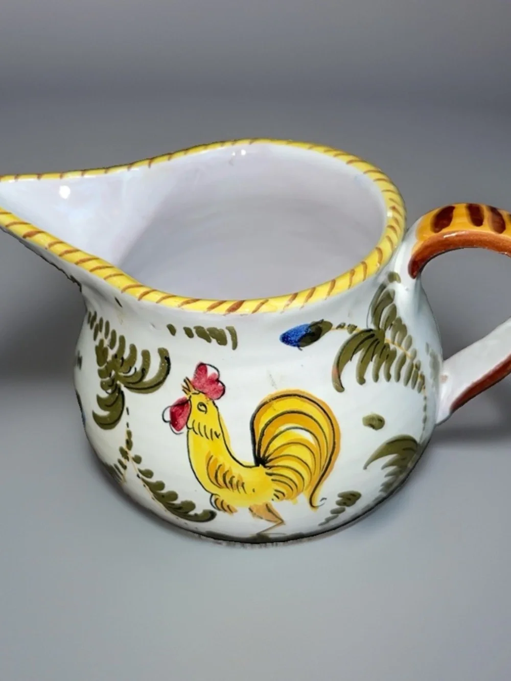 Vintage Italian Ceramic Pitcher Rooster Floral ~ Hand Painted~ Made In Italy